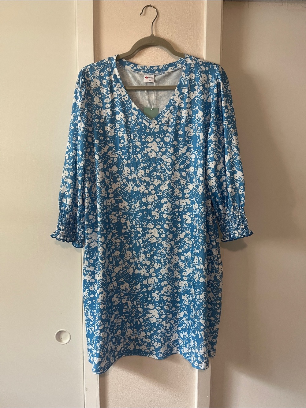Blue Floral V-Neck Midi Dress with Smocked Cuffs